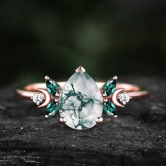 Unique pear shaped green moss agate engagement ring rose gold moon ring vintage art deco ememrald ring women moissnaite wedding ring gift