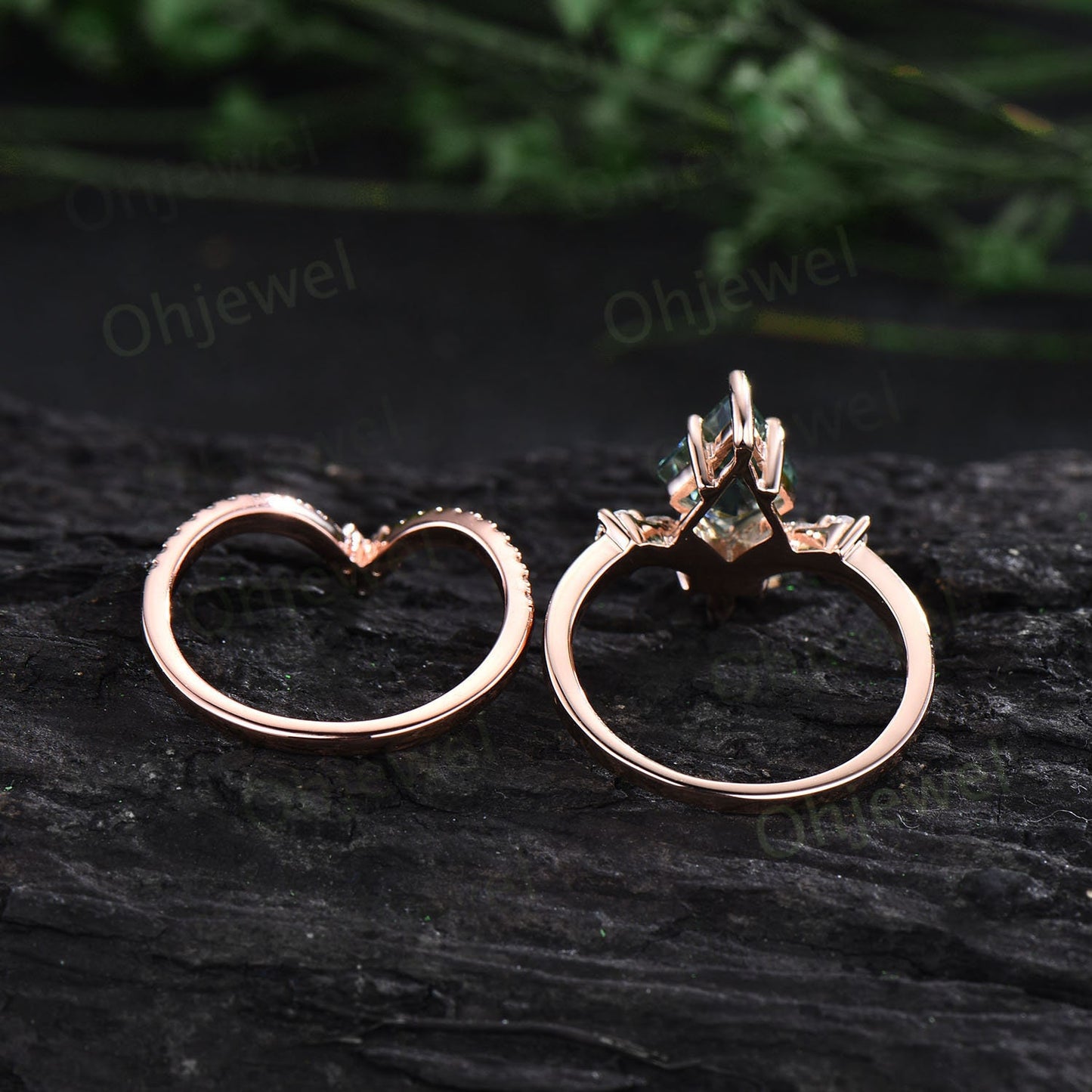 7x10mm kite cut Alexandrite engagement ring set solid 14k rose gold art deco V shaped diamond ring unique promise wedding ring set for women