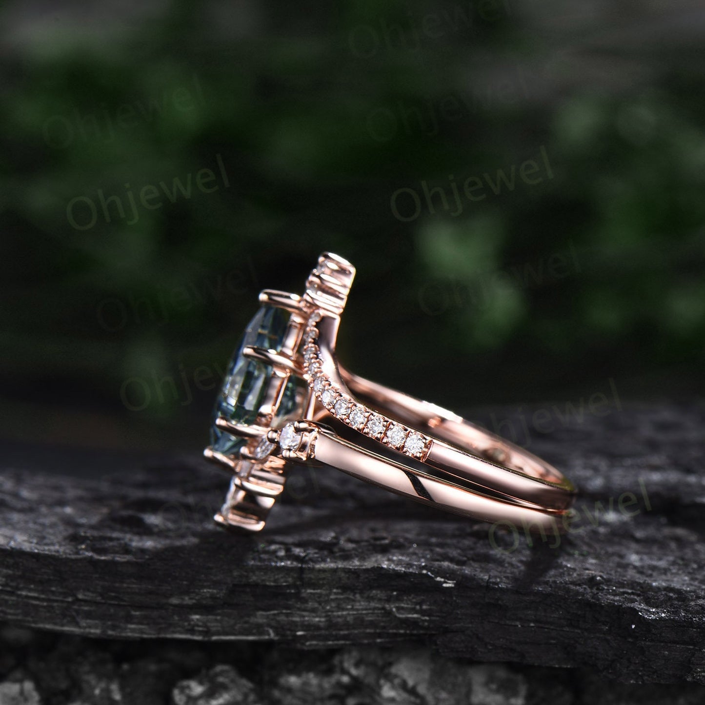 7x10mm kite cut Alexandrite engagement ring set solid 14k rose gold art deco V shaped diamond ring unique promise wedding ring set for women