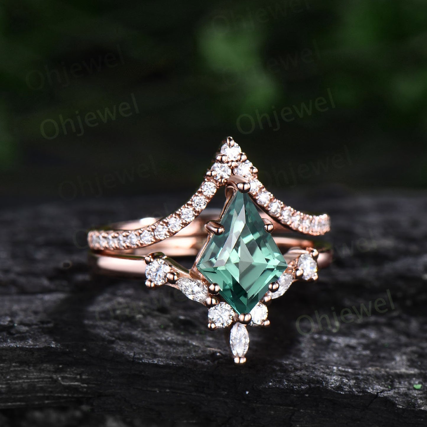 7x10mm kite cut teal green sapphire engagement ring set 14k rose gold 6 prong marquise cut diamond wedding promise anniversary ring women