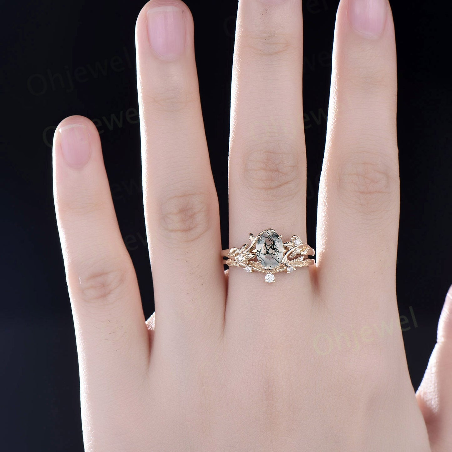 Twig oval cut green moss agate ring unique engagement ring set women leaf nature inspired rose gold ring branch diamond bridal ring set gift