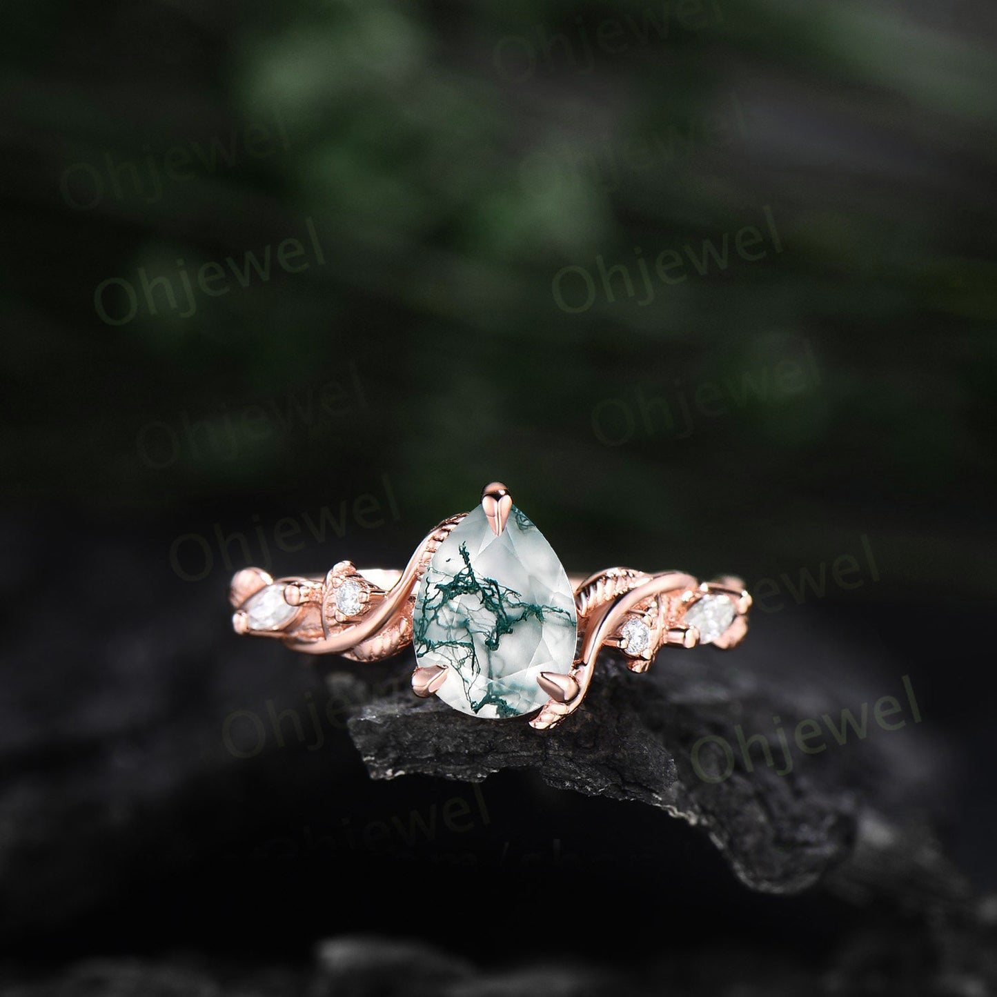 Twig pear shaped moss agate engagement ring five stone vintage branch leaf wedding ring set rose gold nature inspired emerald ring for women