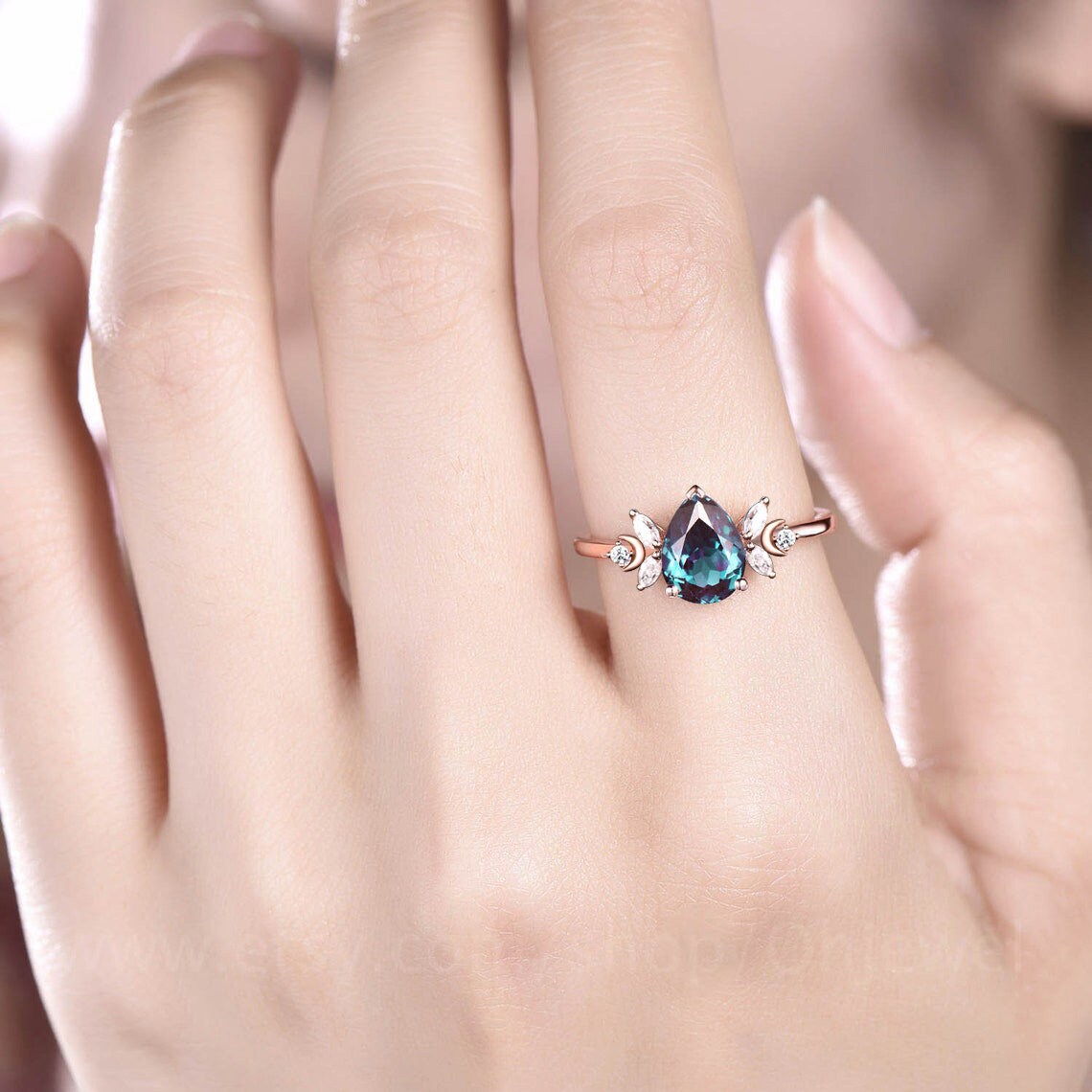 Unique pear shaped alexandrite engagement ring rose gold moon ring vintage art deco amethyst ring women moissnaite promise wedding ring gift