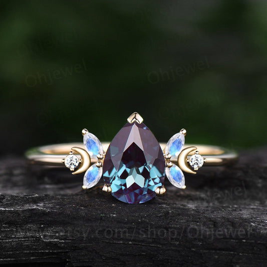 Unique pear shaped alexandrite engagement ring 14k yellow gold moon ring vintage art deco moonstone ring women moissnaite wedding ring gift