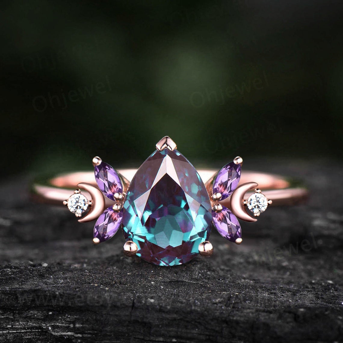 Unique pear shaped alexandrite engagement ring rose gold moon ring vintage art deco amethyst ring women moissnaite promise wedding ring gift