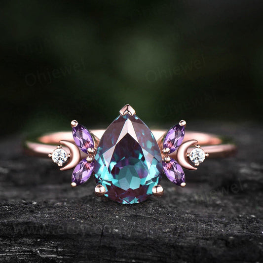 Unique pear shaped alexandrite engagement ring rose gold moon ring vintage art deco amethyst ring women moissnaite promise wedding ring gift