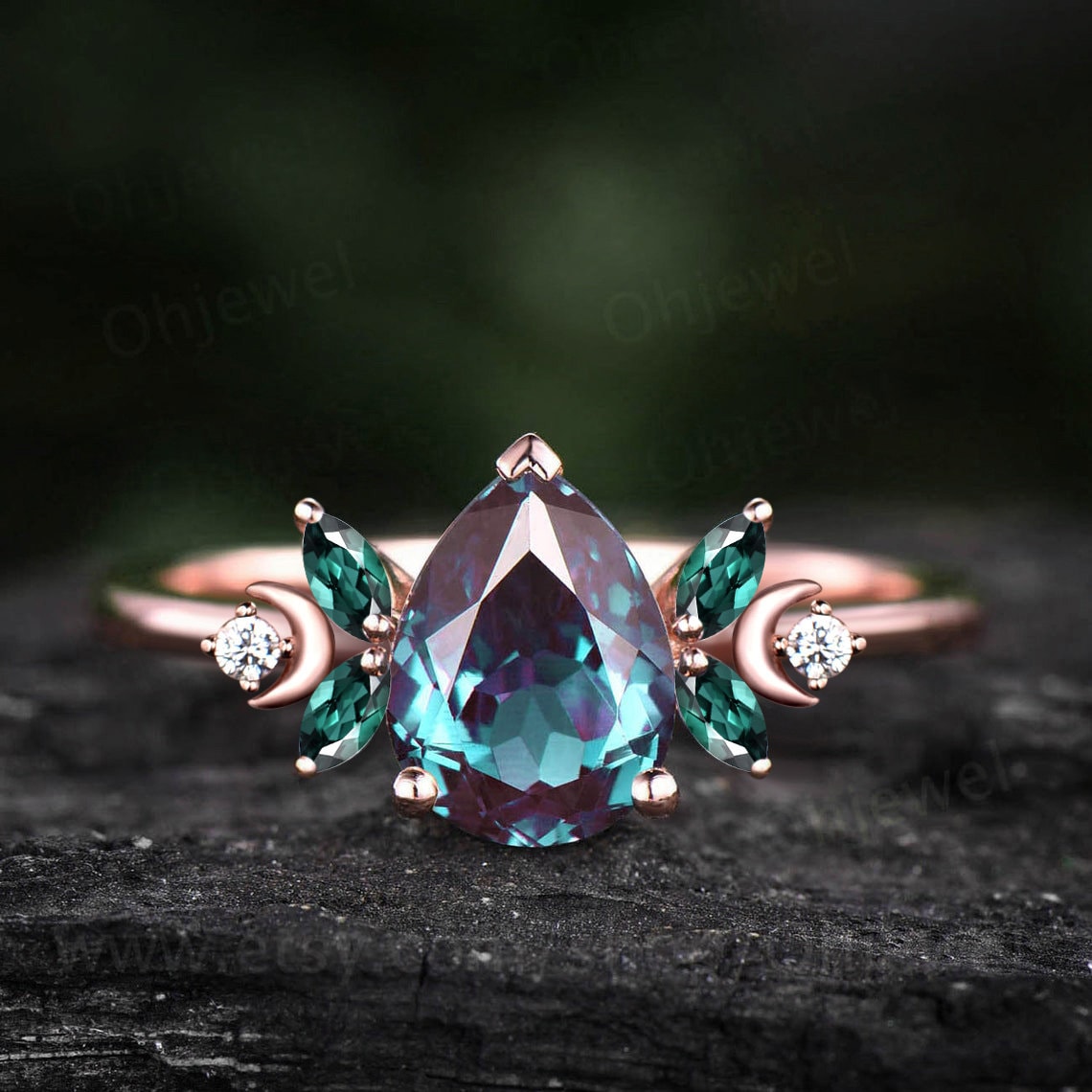 Unique pear shaped alexandrite engagement ring rose gold moon ring vintage art deco amethyst ring women moissnaite promise wedding ring gift