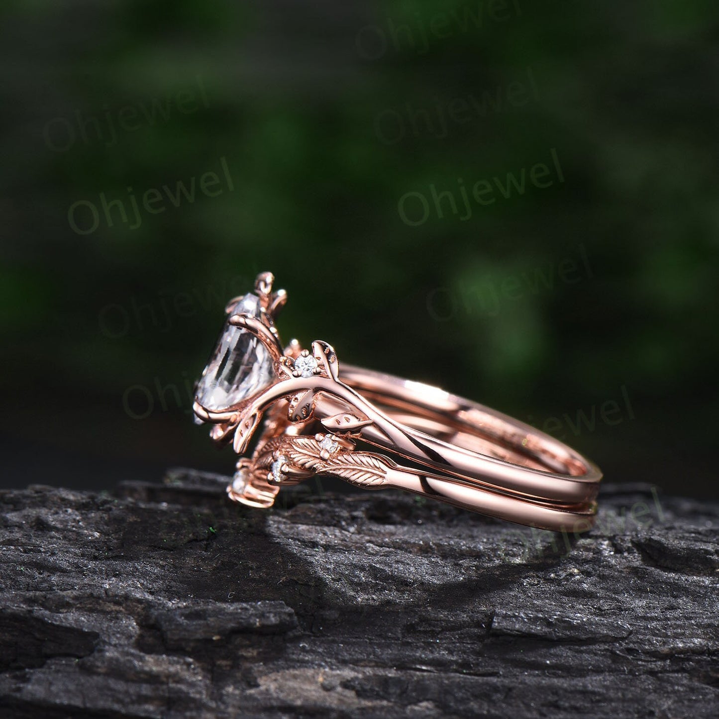 Unique oval gray Moissanite engagement ring set leaf nature inspired twig rose gold ring branch diamond promise wedding ring set women gift
