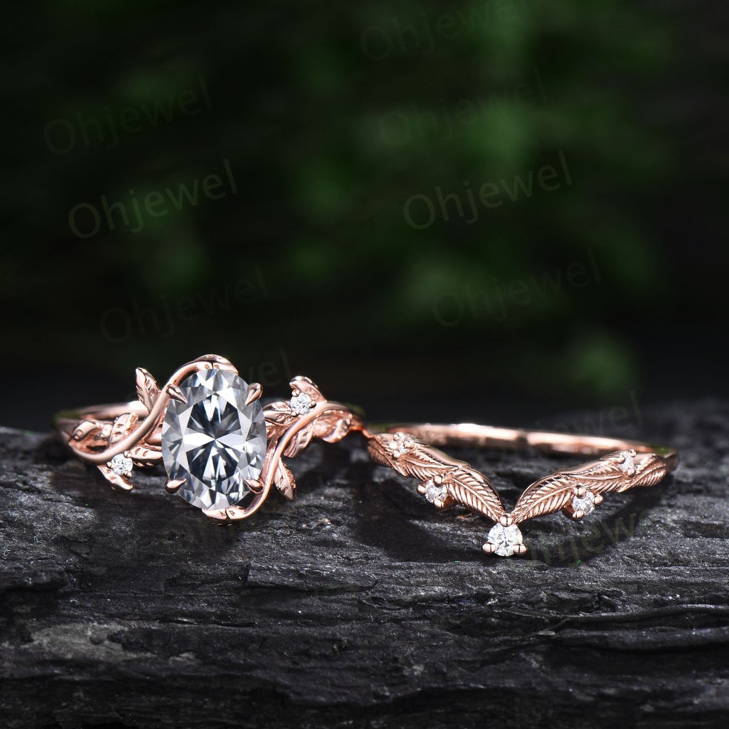 Unique oval gray Moissanite engagement ring set leaf nature inspired twig rose gold ring branch diamond promise wedding ring set women gift