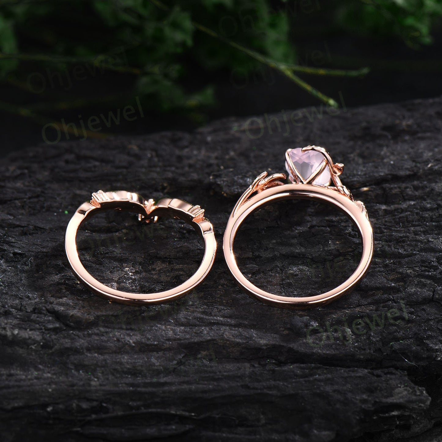 Twig oval rose quartz ring unique rose quartz engagement ring set leaf nature inspired rose gold crystal ring diamond wedding ring set women