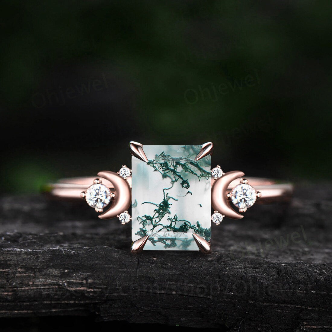 Vintage emerald cut green moss agate ring unique engagement ring rose gold moon ring dainty cluster alexandrite ring for women anniversary