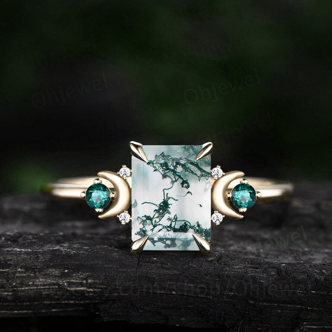 Vintage emerald cut green moss agate ring unique engagement ring rose gold moon ring dainty cluster alexandrite ring for women anniversary