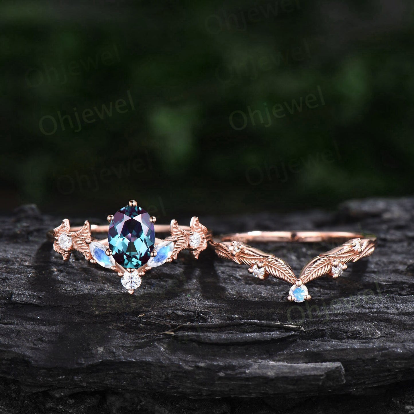 Moonstone Alexandrite ring vintage leaf twig engagement ring set nature inspired diamond ring unique branch wedding bridal ring set women