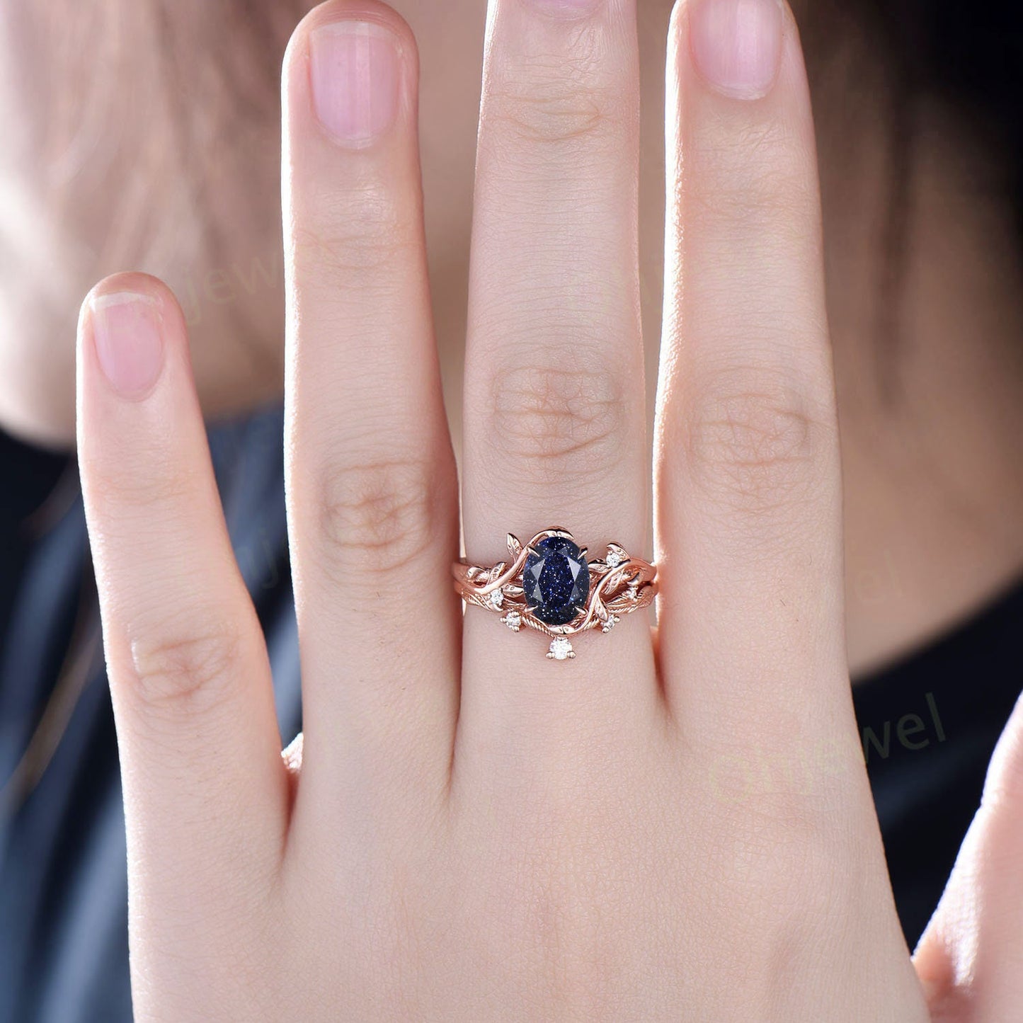 Oval cut blue sandstone ring twig leaf engagement ring set branch nature inspired rose gold ring vintage diamond bridal ring set for women