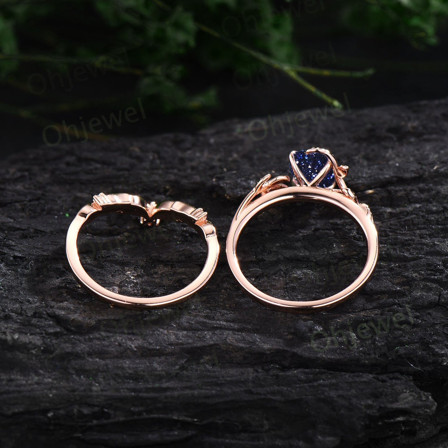 Oval cut blue sandstone ring twig leaf engagement ring set branch nature inspired rose gold ring vintage diamond bridal ring set for women