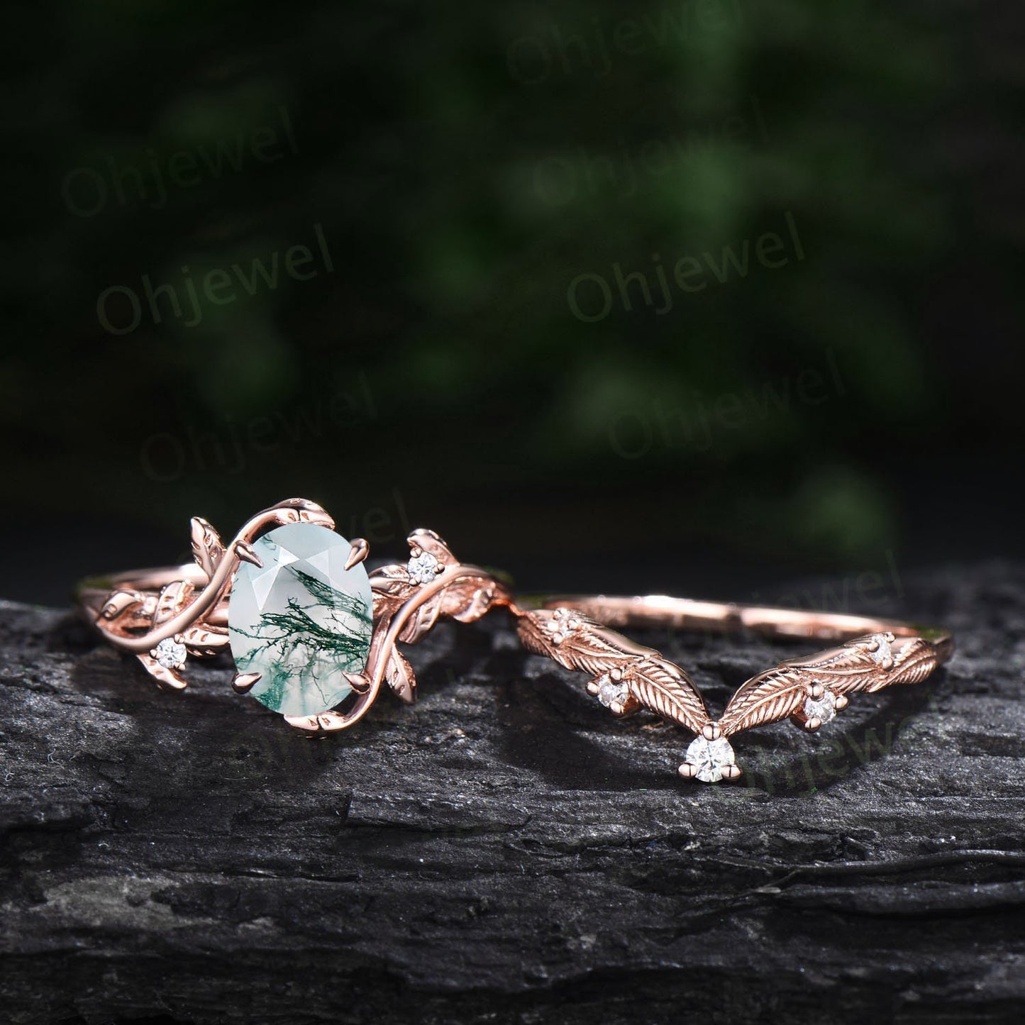 Twig oval cut green moss agate ring unique engagement ring set women leaf nature inspired rose gold ring branch diamond bridal ring set gift