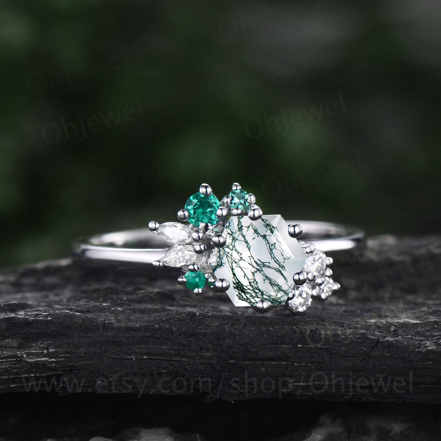 Hexagon cut green moss agate ring rose gold silver vintage unique engagement ring cluster emerald moissanite bridal wedding ring women gift