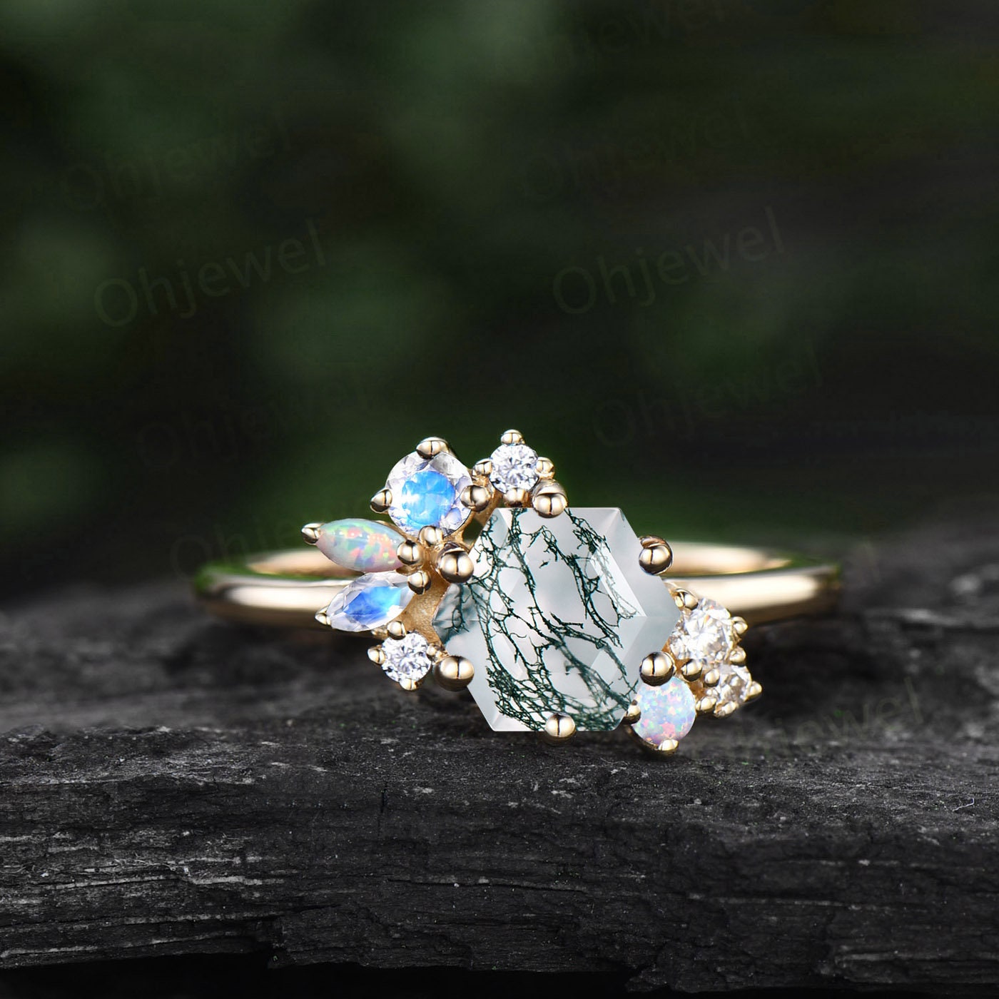 Hexagon cut green moss agate ring rose gold silver vintage unique engagement ring cluster emerald moissanite bridal wedding ring women gift
