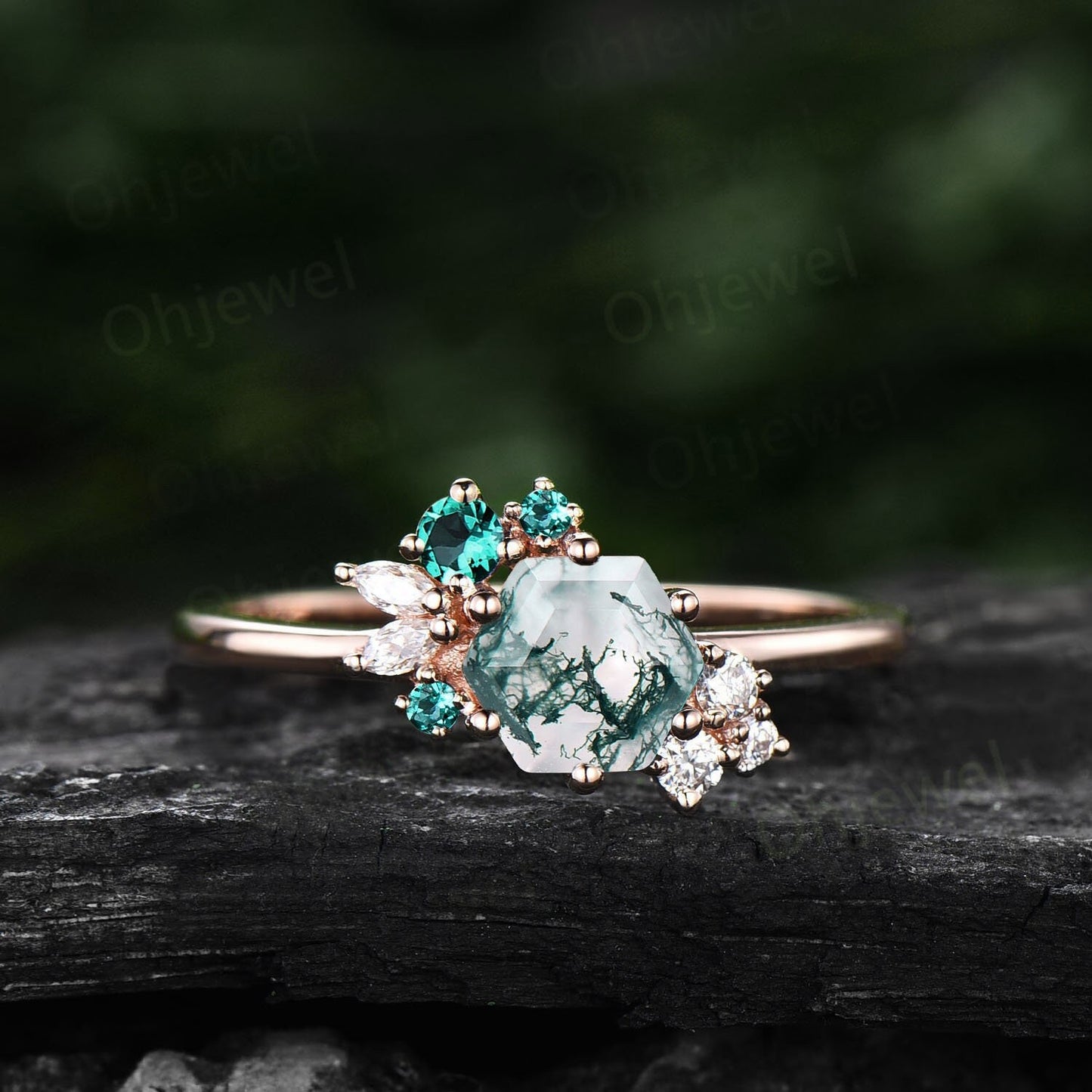 Hexagon cut green moss agate ring rose gold silver vintage unique engagement ring cluster emerald moissanite bridal wedding ring women gift