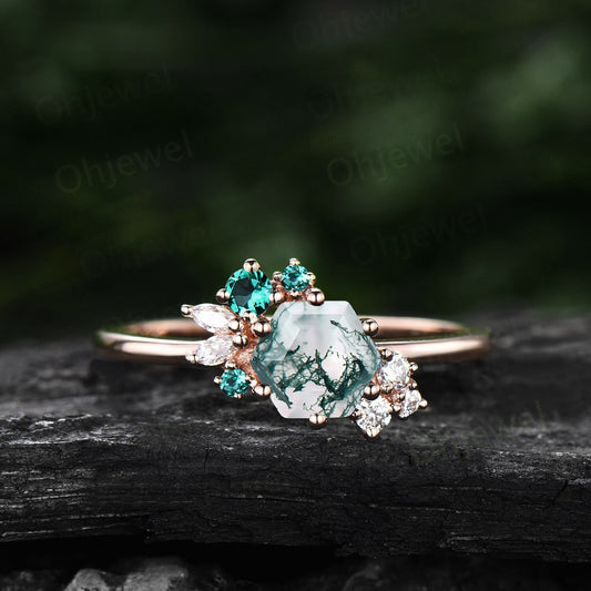 Hexagon cut green moss agate ring rose gold silver vintage unique engagement ring cluster emerald moissanite bridal wedding ring women gift