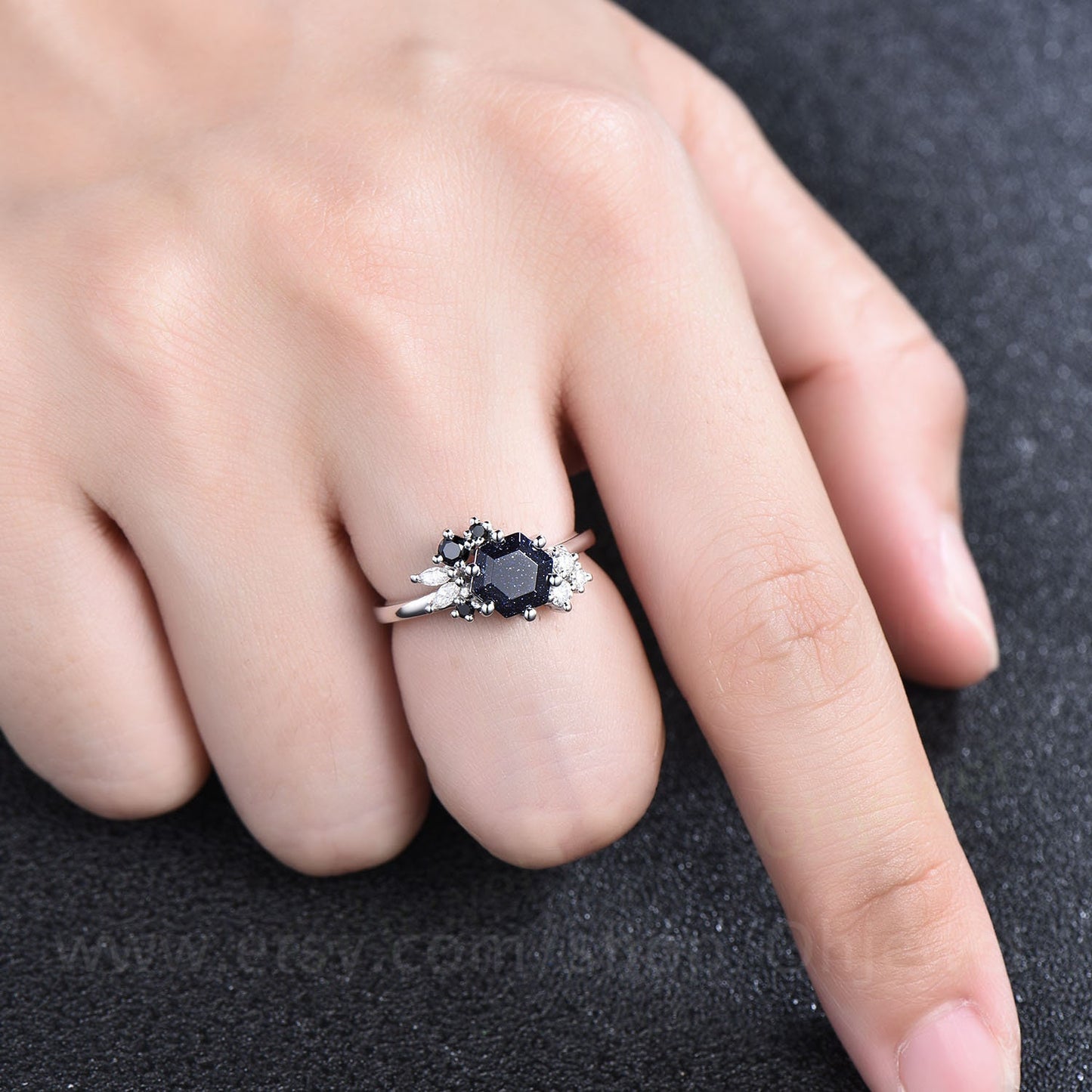 Hexagon cut blue sandstone ring rose gold silver for women vintage unique engagement ring dainty art deco sapphire moissanite wedding ring