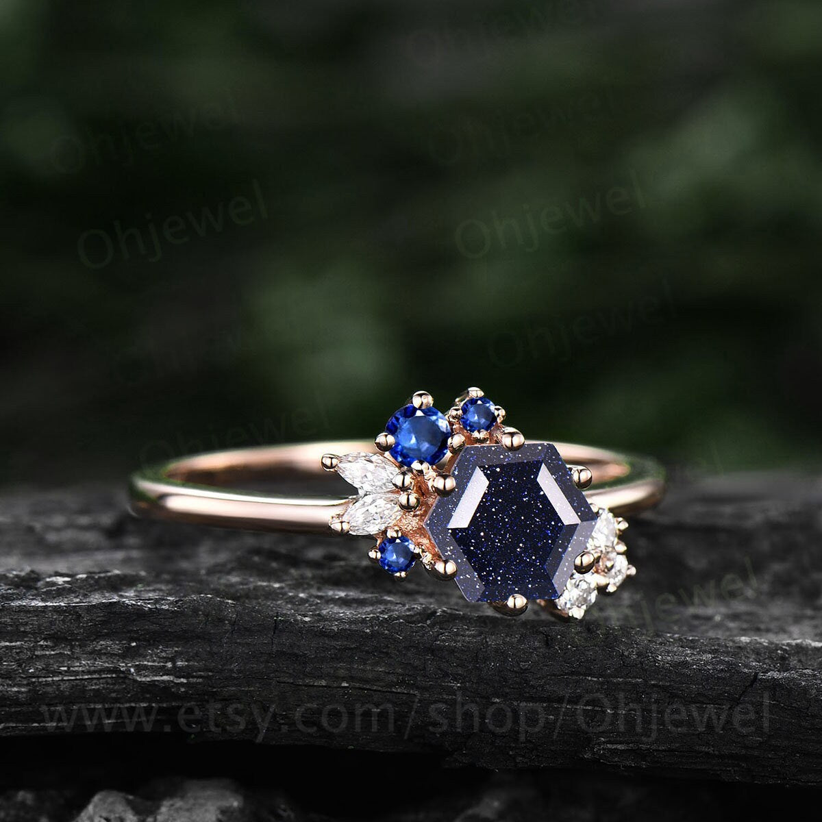 Hexagon cut blue sandstone ring rose gold silver for women vintage unique engagement ring dainty art deco sapphire moissanite wedding ring