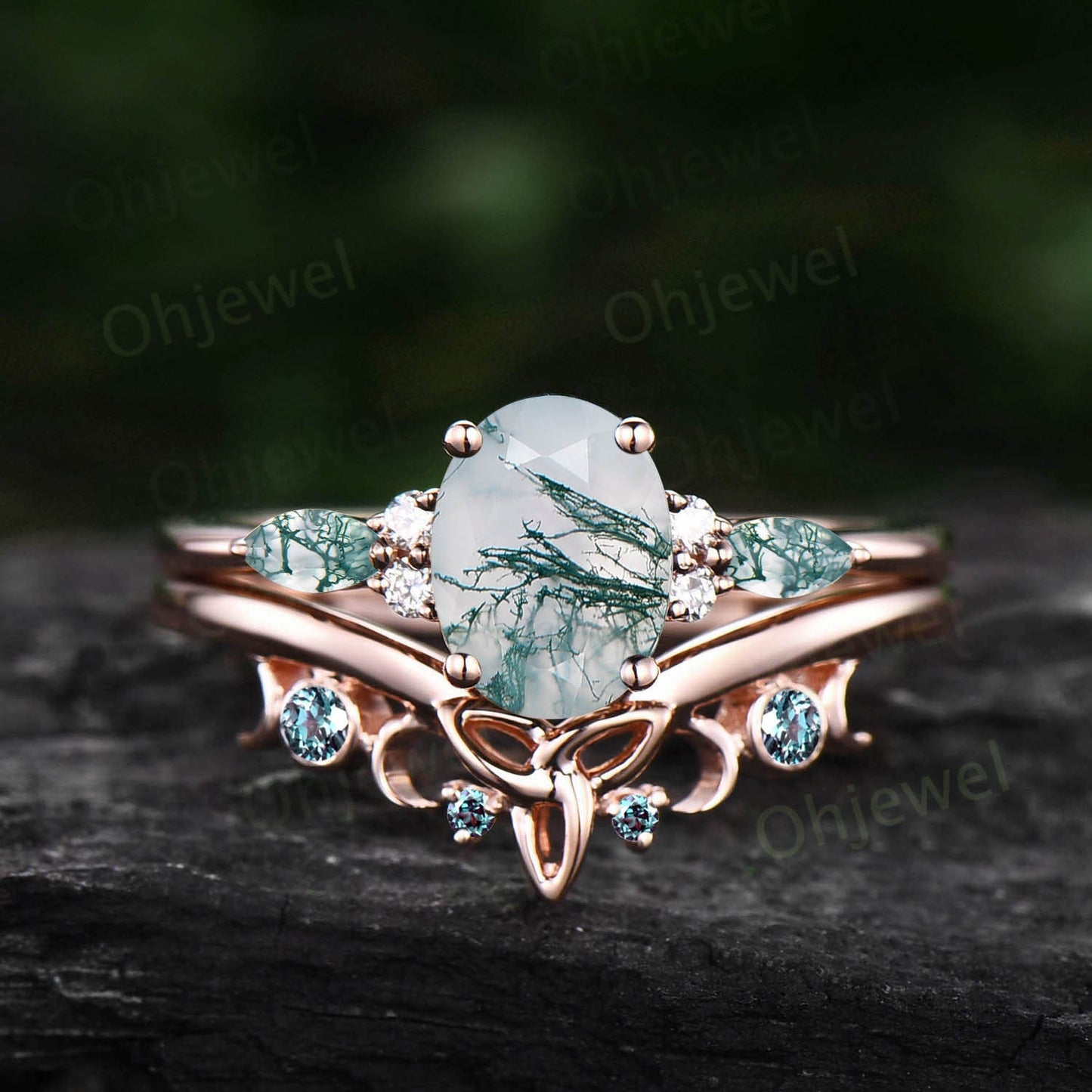 Oval cut green moss agate ring vintage moss agate engagement ring set rose gold marquise cut wedding ring cluster alexandrite ring for women
