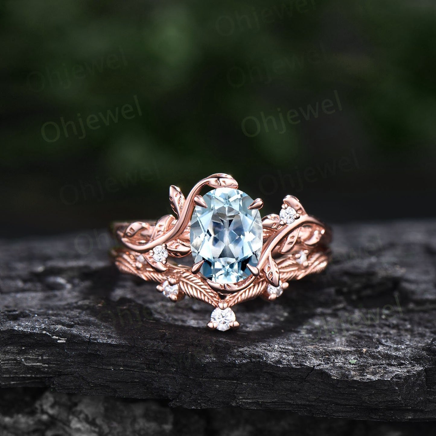 Twig oval cut aquamarine ring unique engagement ring set women leaf nature inspired 14k rose gold ring branch diamond wedding ring set gift