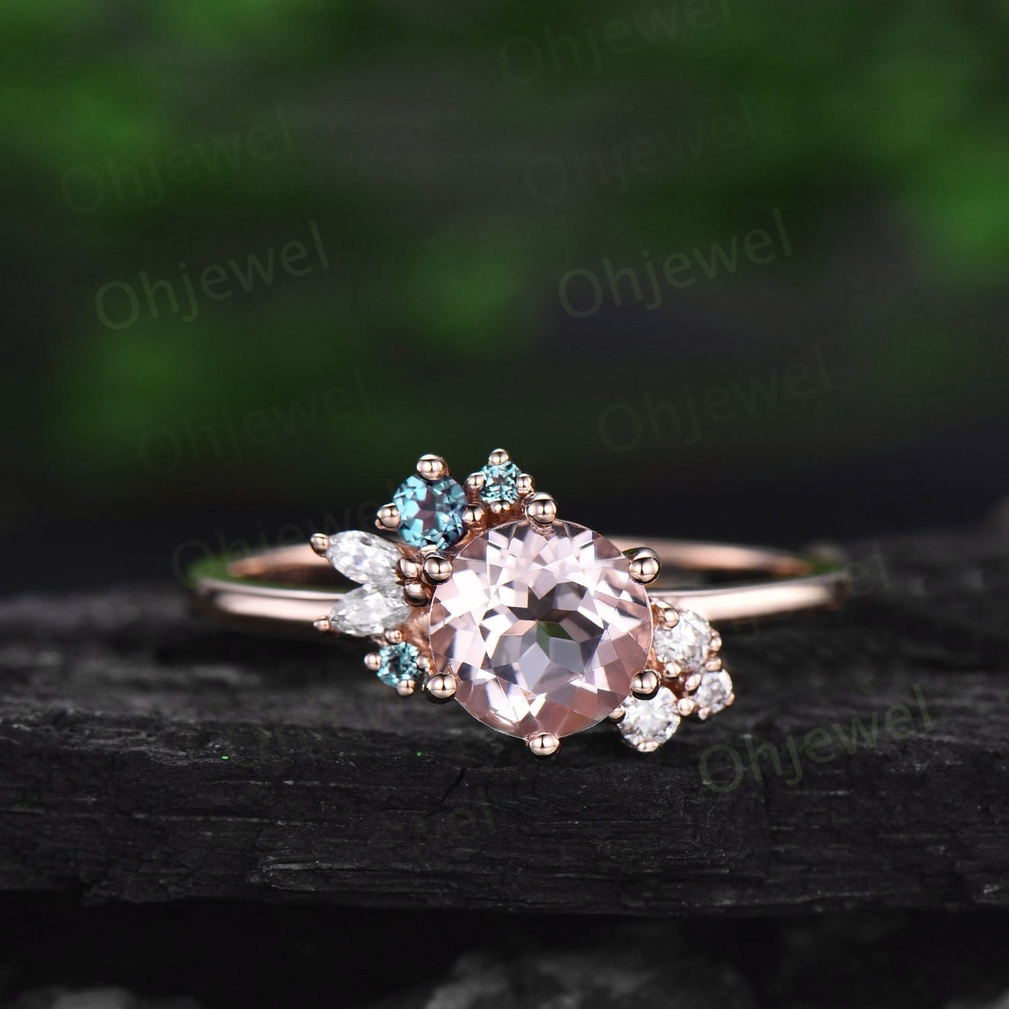Round cut pink morganite ring vintage engagement ring set rose gold cluster marquise diamond ring set alexandrite ring women jewelry