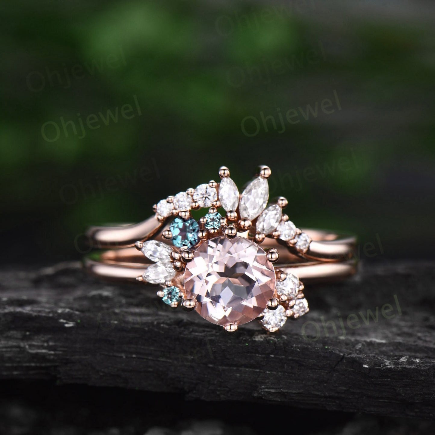 Round cut pink morganite ring vintage engagement ring set rose gold cluster marquise diamond ring set alexandrite ring women jewelry