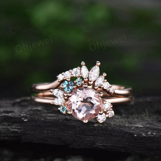 Round cut pink morganite ring vintage engagement ring set rose gold cluster marquise diamond ring set alexandrite ring women jewelry