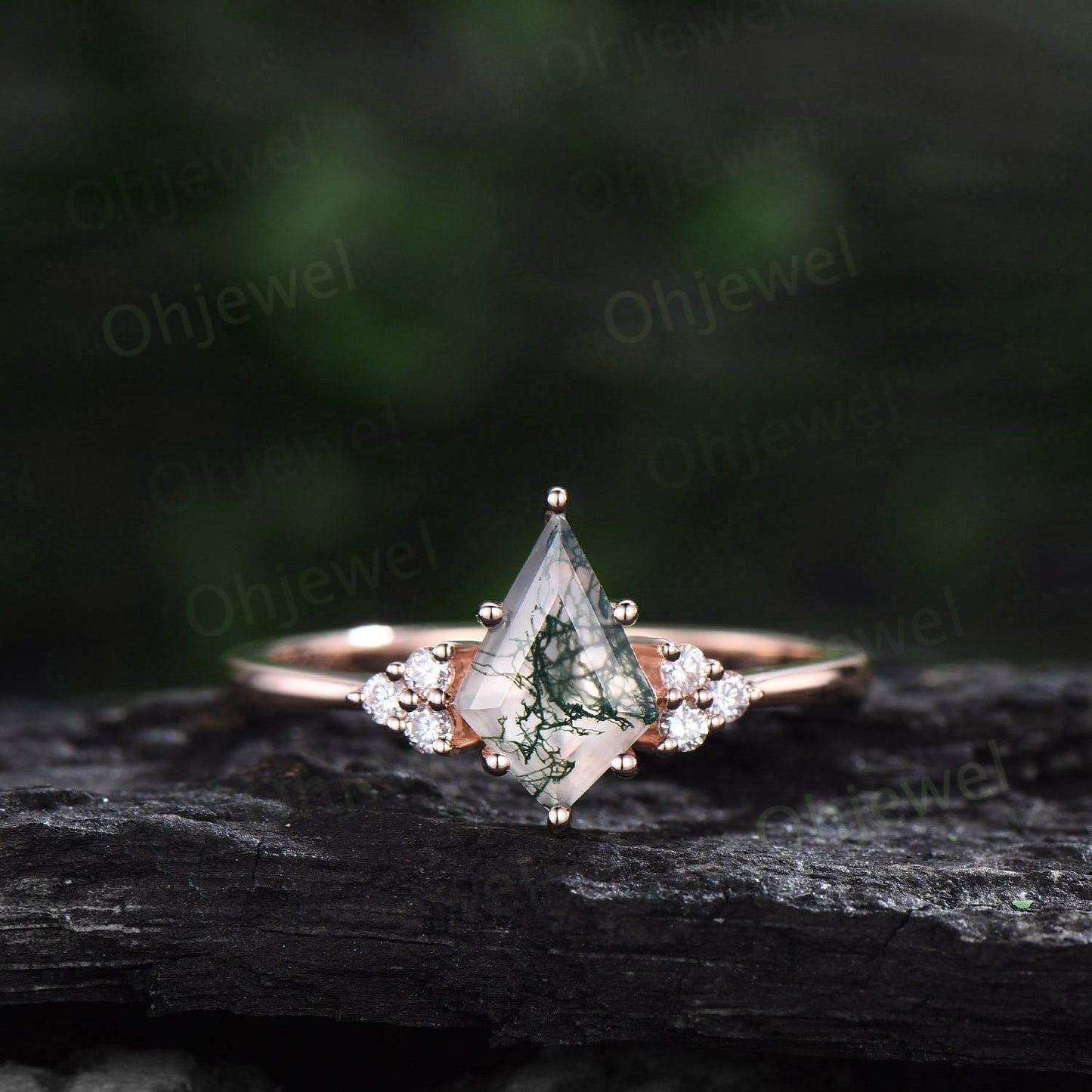 Green moss agate ring vintage kite cut moss agate engagement ring set Minimalist dainty rose gold ring diamond anniversary ring set women