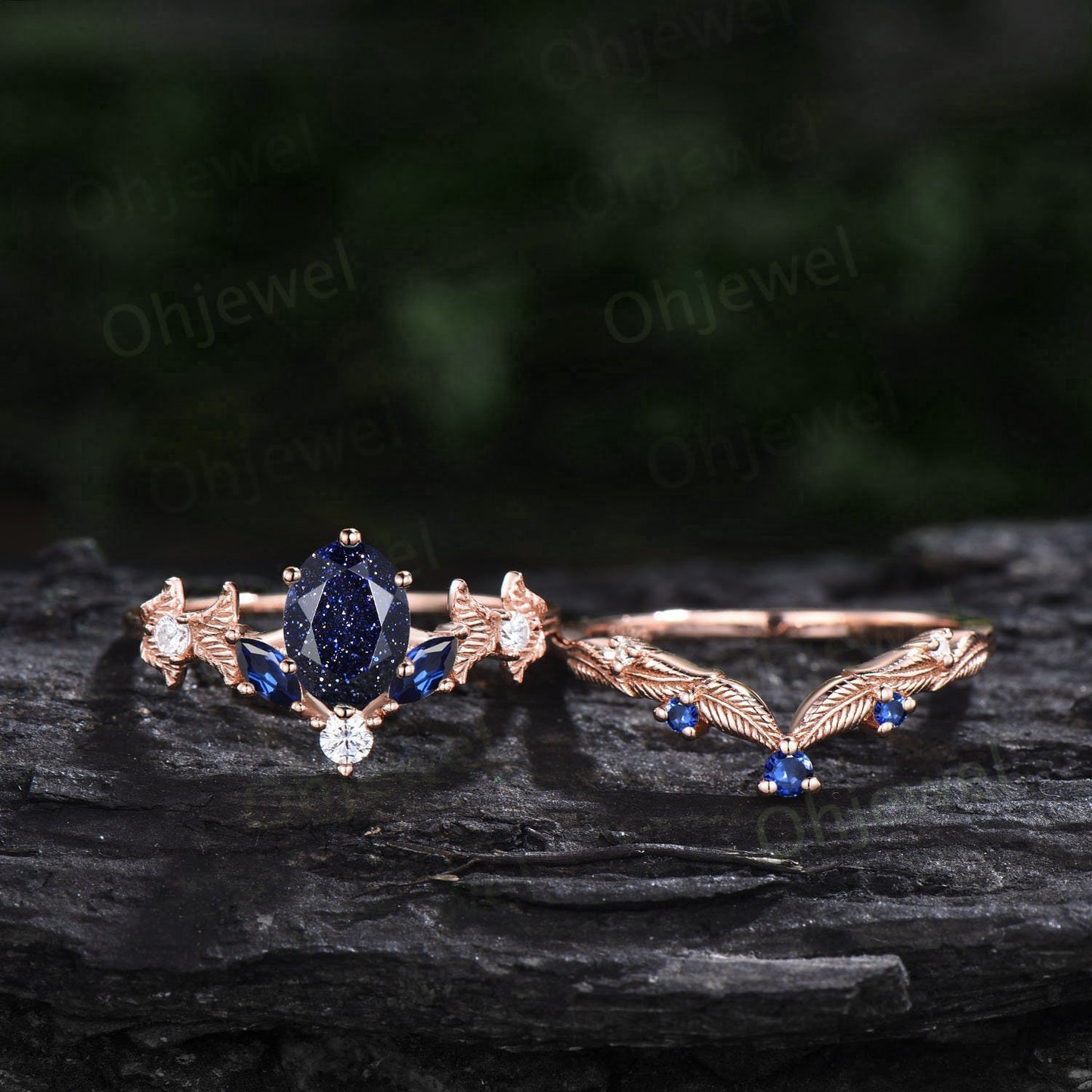 Vintage oval blue sandstone engagement ring set rose gold twig marquise cut sapphire ring branch leaf moissanite anniversary ring set women