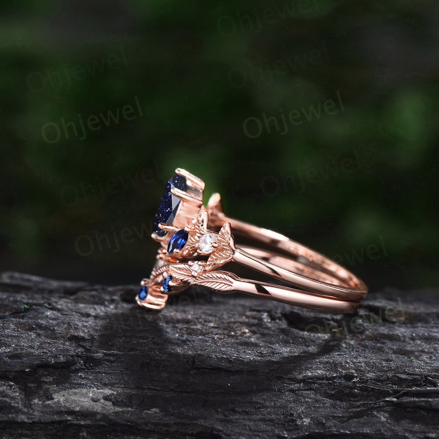 Vintage oval blue sandstone engagement ring set rose gold twig marquise cut sapphire ring branch leaf moissanite anniversary ring set women