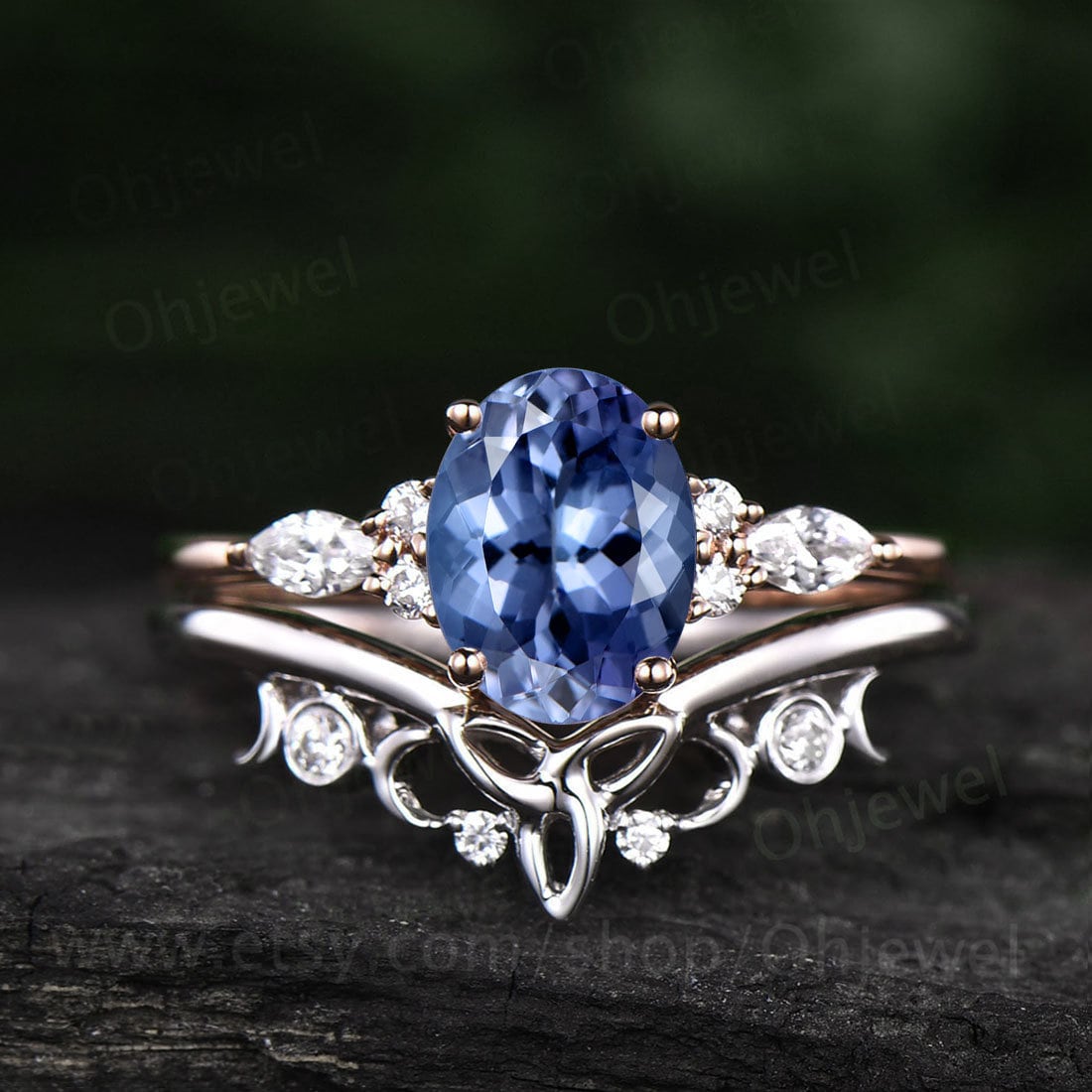 Oval cut Tanzanite ring vintage Tanzanite engagement ring set solid 14k rose gold art deco diamond ring for women unique promise ring set