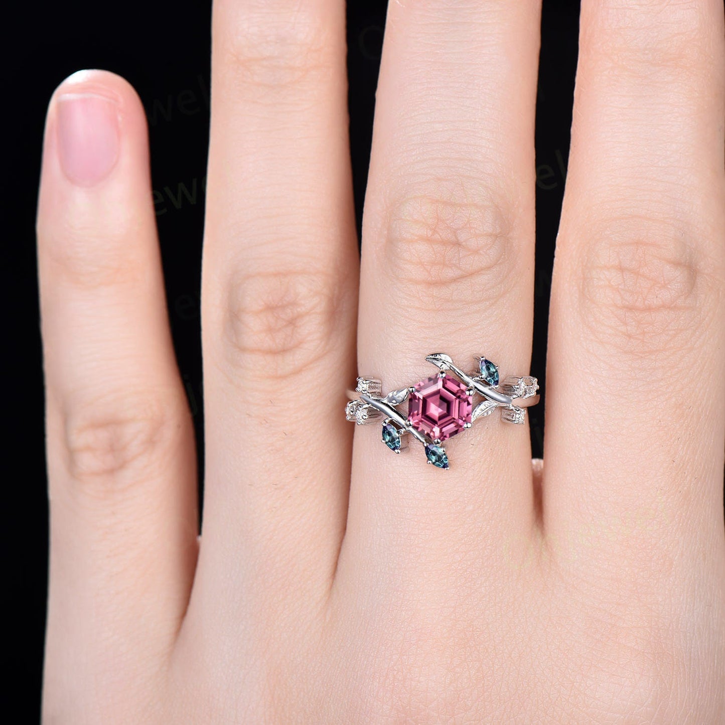 Hexagon cut Pink Tourmaline engagement ring 14k rose gold Nature inspired leaf twig diamond ring women cluster alexandrite ring silver gift