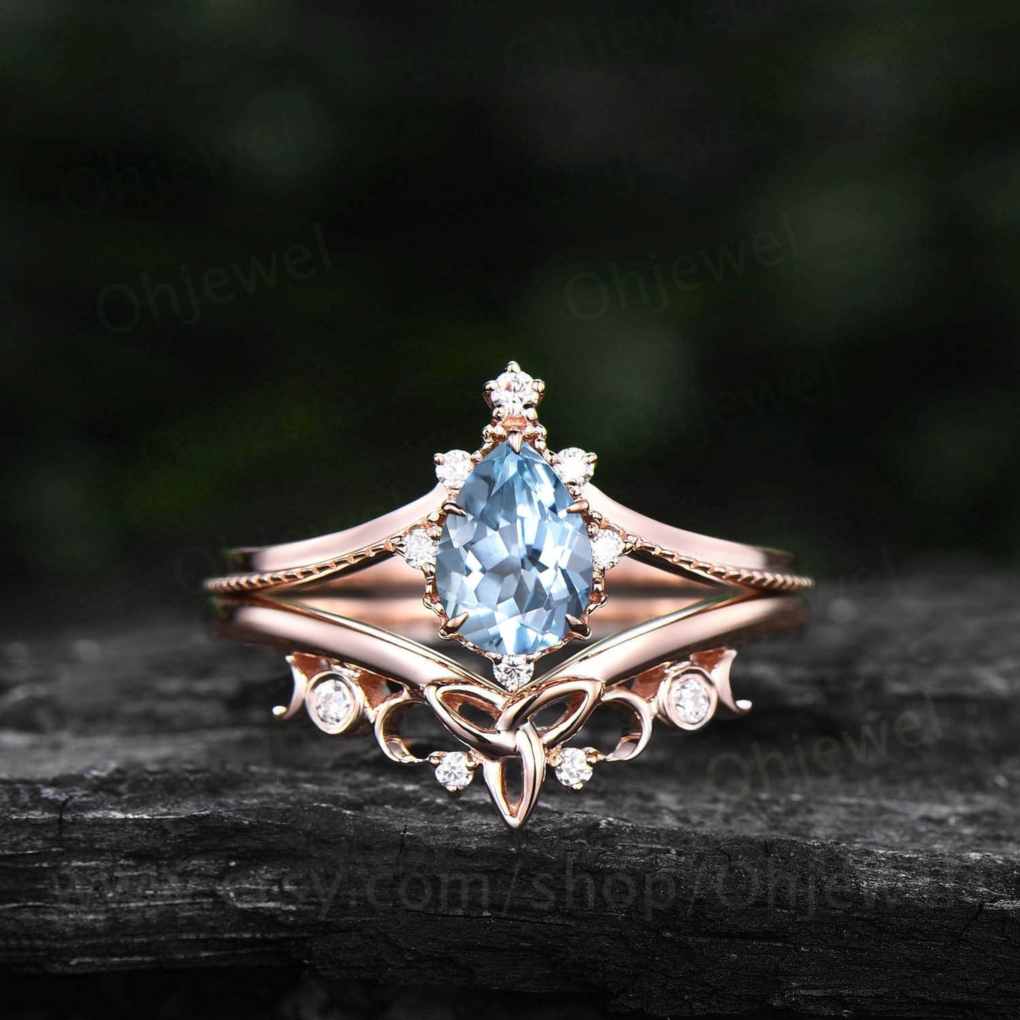 Pear shaped aquamarine engagement ring set 14k rose gold milgrain moissanite ring for women march birthstone norse viking ring Jewelry