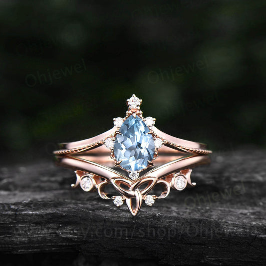 Pear shaped aquamarine engagement ring set 14k rose gold milgrain moissanite ring for women march birthstone norse viking ring Jewelry
