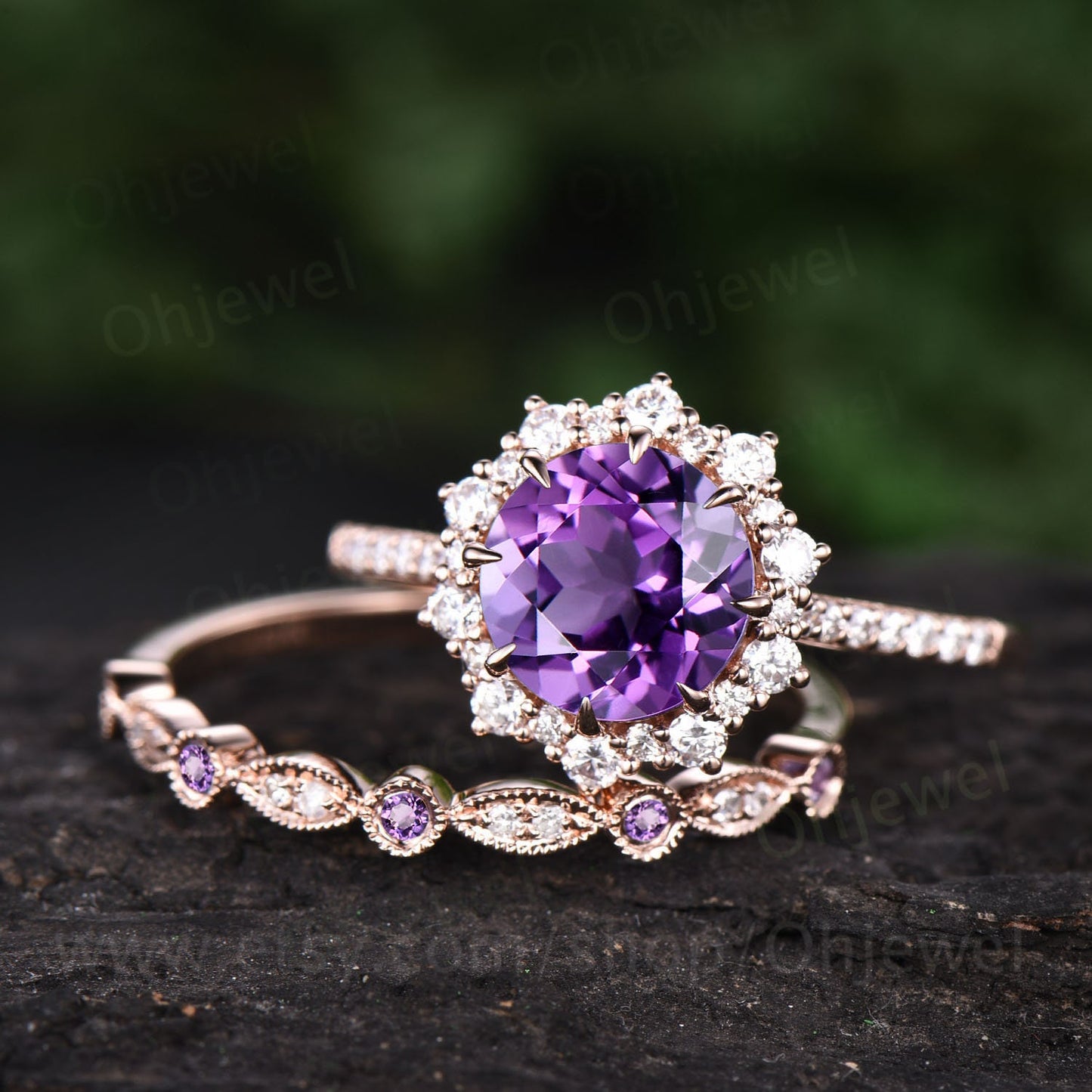 2ct round Amethyst ring rose gold vintage unique Amethyst engagement ring set halo snowdrift moissanite bridal anniversary ring set women