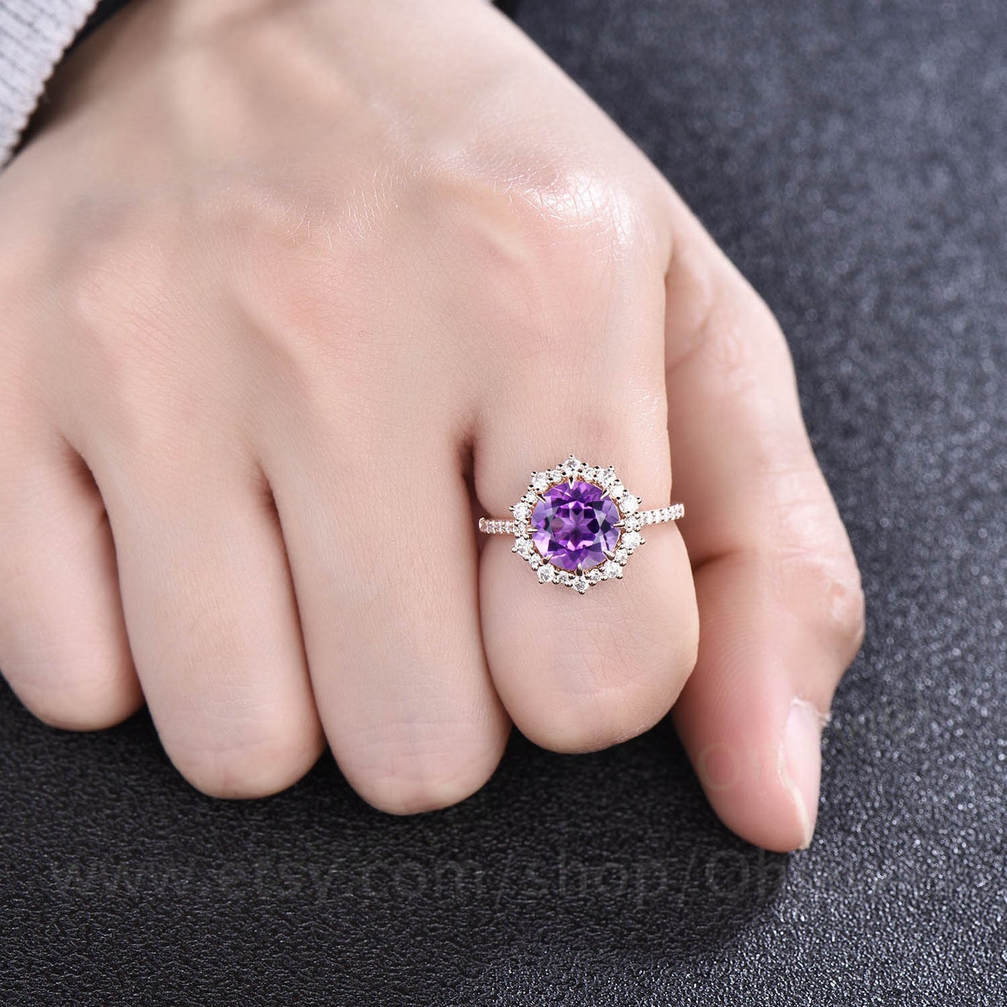 2ct round Amethyst ring rose gold vintage unique Amethyst engagement ring set halo snowdrift moissanite bridal anniversary ring set women