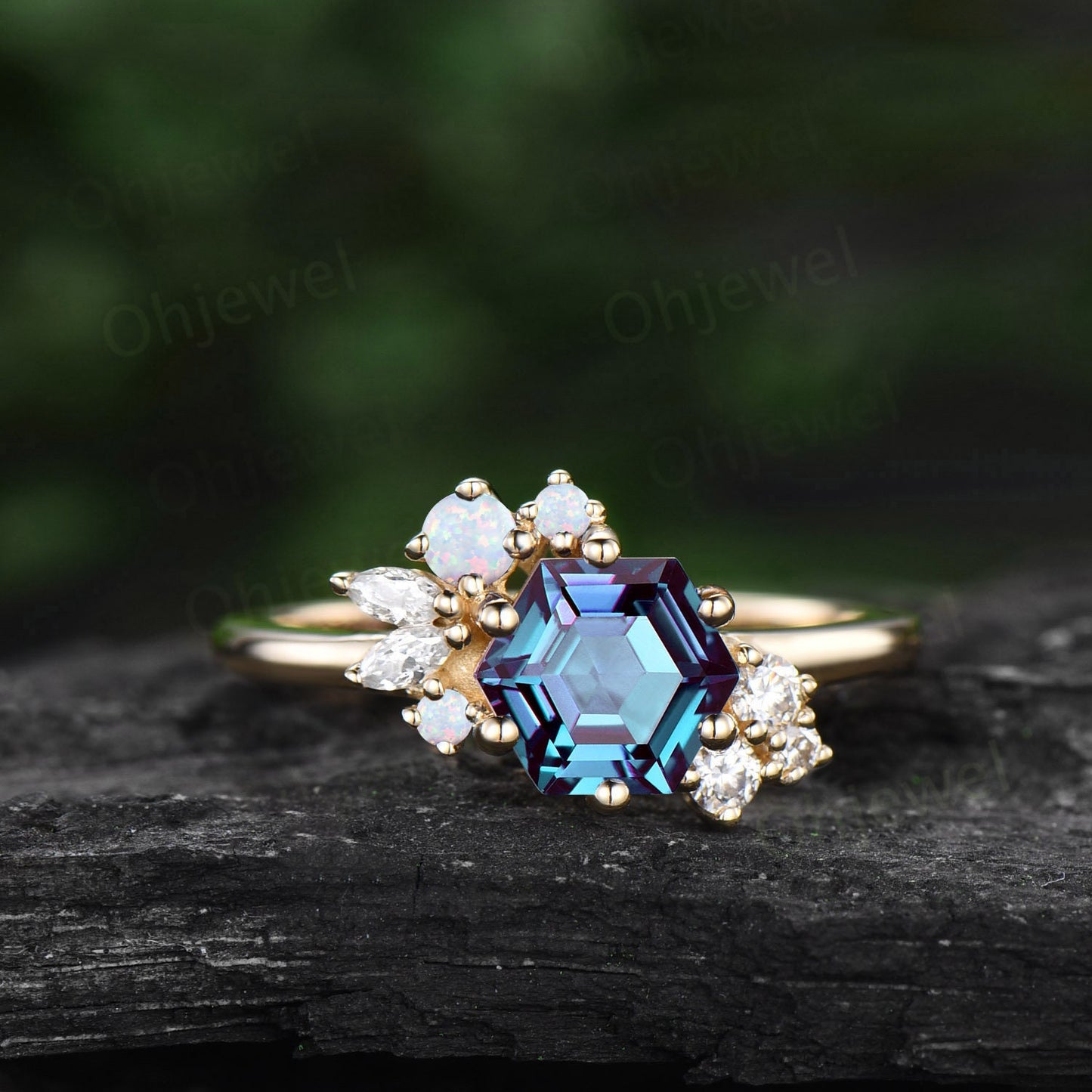 1ct Hexagon cut Alexandrite engagement ring 14k rose gold dainty cluster moissanite amethyst ring vintage unique wedding ring for women gift
