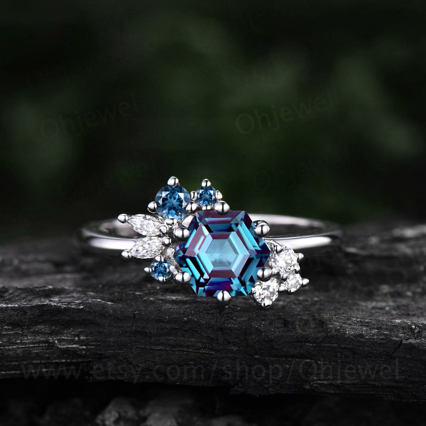1ct Hexagon cut Alexandrite engagement ring 14k rose gold dainty cluster moissanite amethyst ring vintage unique wedding ring for women gift