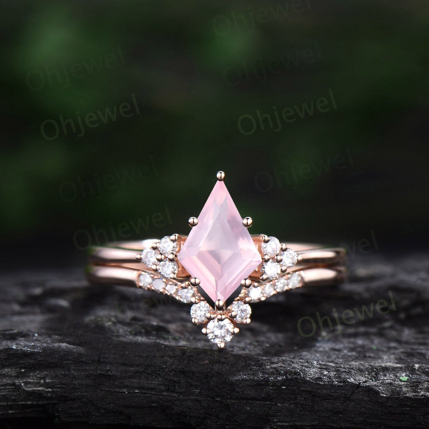 Dainty kite cut rose quartz ring rose gold unique engagement ring set solid 14k rose gold Minimalist diamond anniversary ring set women gift
