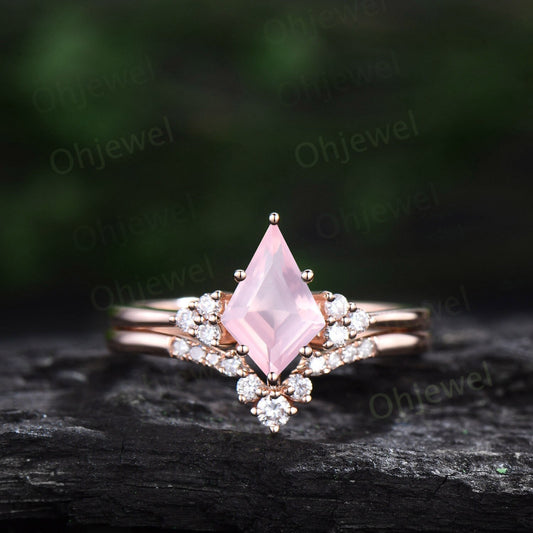 Dainty kite cut rose quartz ring rose gold unique engagement ring set solid 14k rose gold Minimalist diamond anniversary ring set women gift