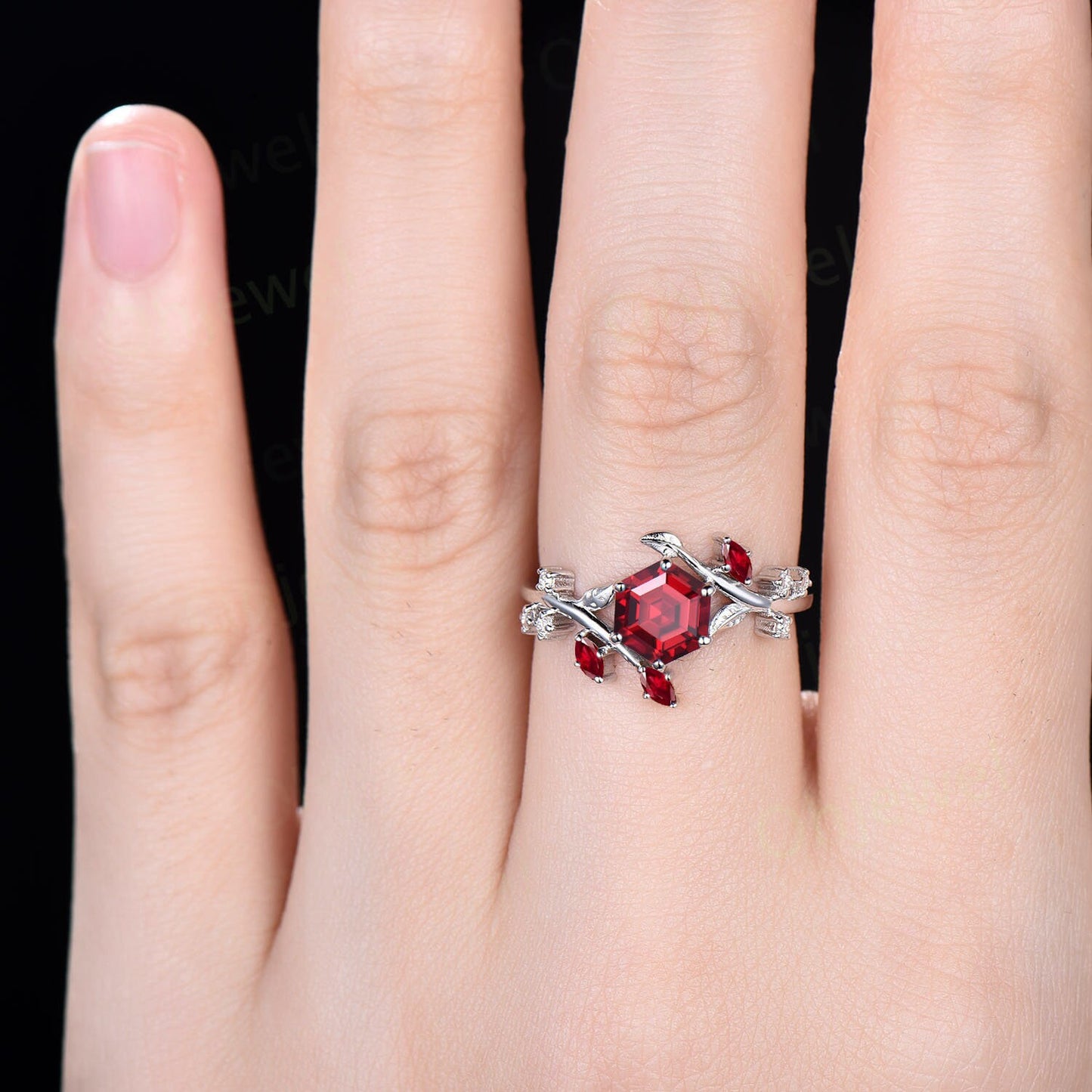 Hexagon cut red ruby engagement ring solid 14k rose gold branch leaf twig diamond ring vintage marquise cut natural ruby ring women jewelry