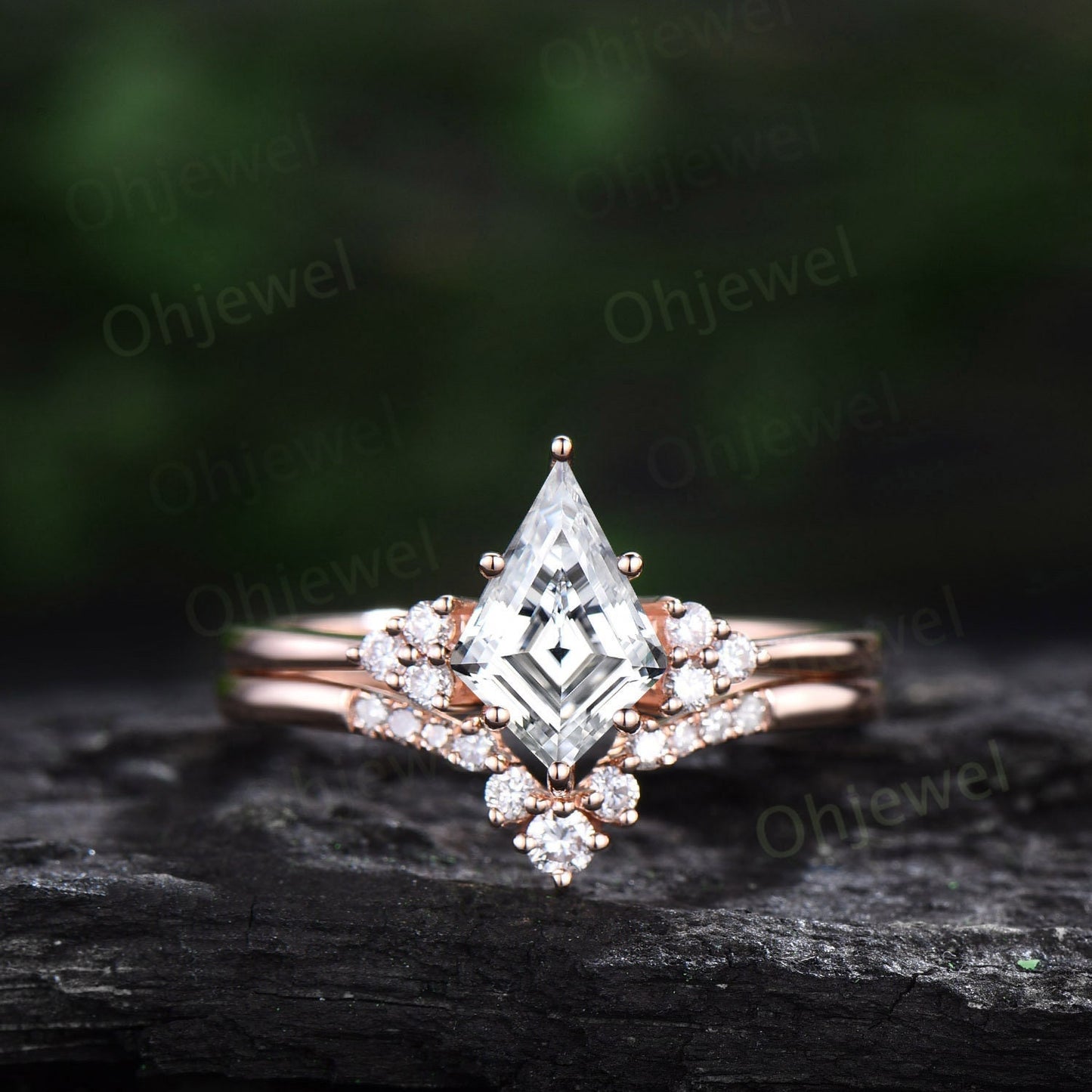 Dainty kite cut moissanite engagement ring set solid 14k rose gold Minimalist diamond ring for women unique promise bridal ring set gift