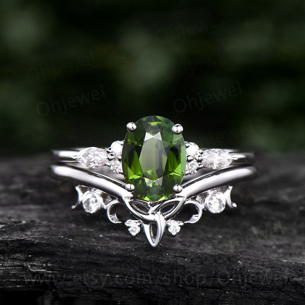 Vintage Oval cut green tourmaline ring unique engagement ring set 14k rose gold diamond ring women Celtic knot Norse Viking ring Jewelry