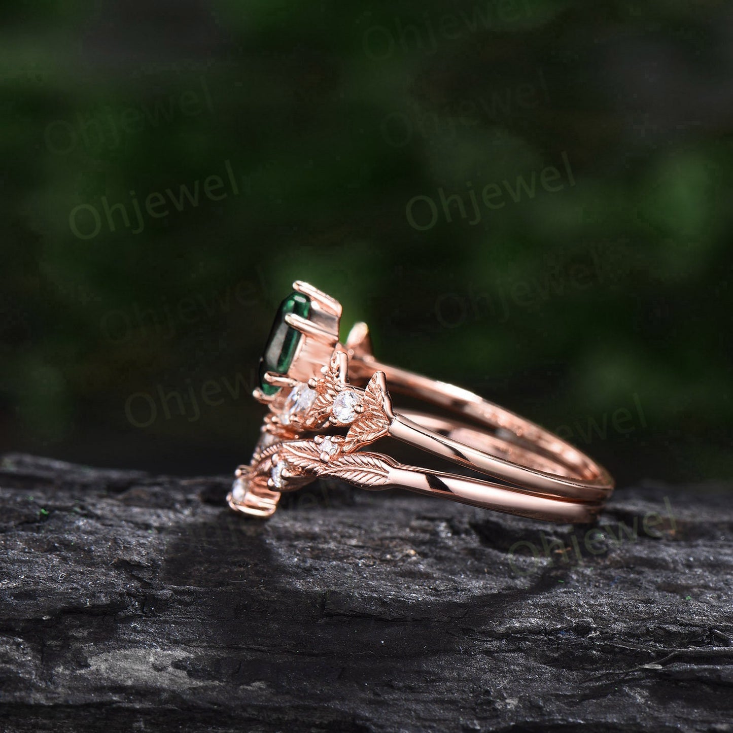 Twig oval cut green tourmaline engagement ring set 14k rose gold branch leaf diamond ring art deco unique promise wedding ring set for women
