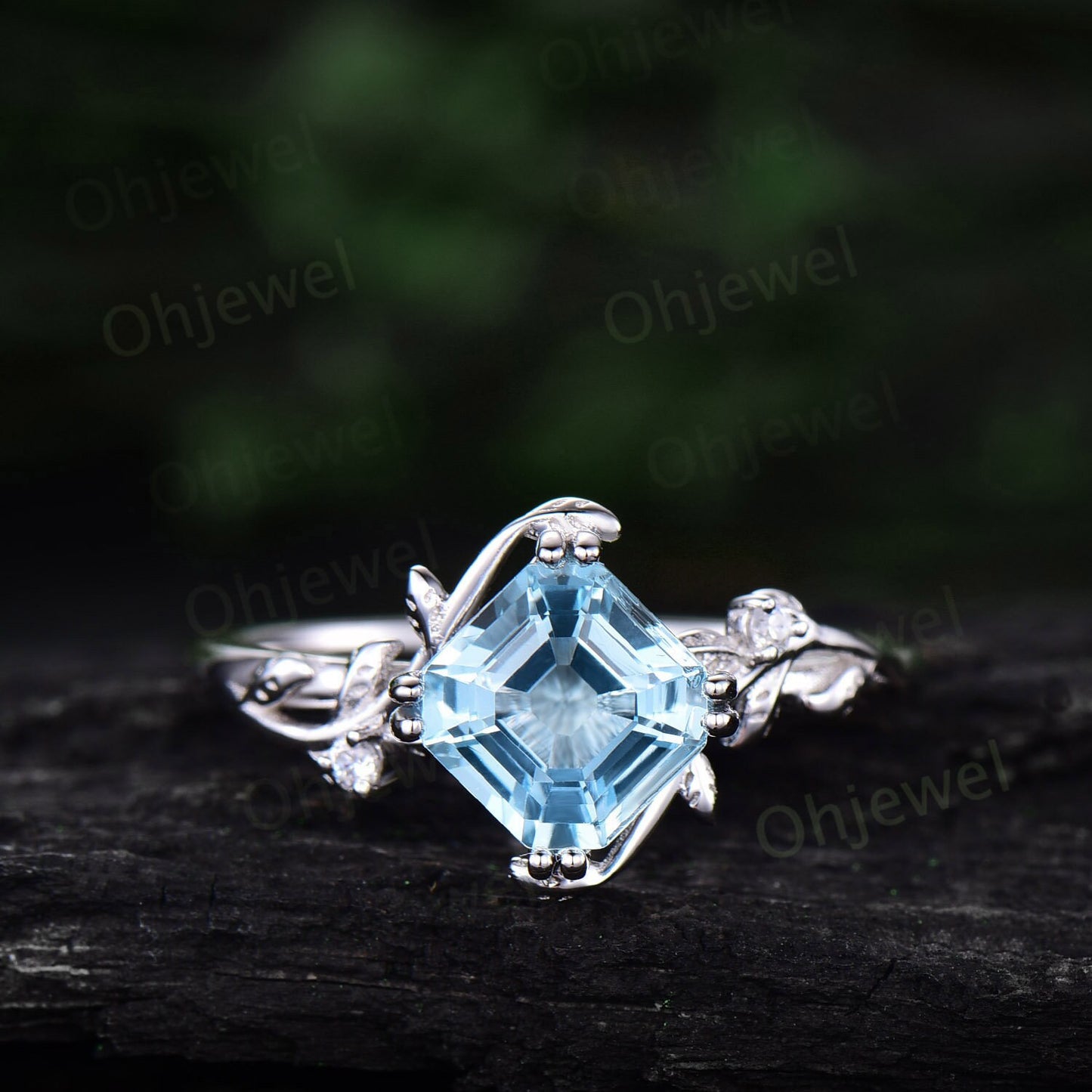 Twig Asscher cut Sky blue topaz engagement ring 14k rose gold leaf branch three stone diamond ring unique promise wedding ring women gift