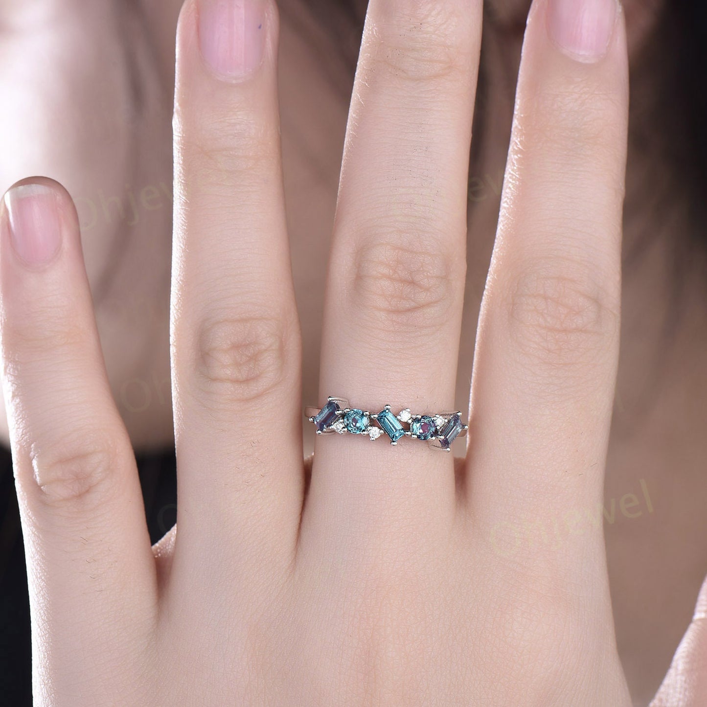 Baguette cut Alexandrite ring vintage solid 14k rose gold dainty moissanite wedding ring band women unique anniversary ring gift